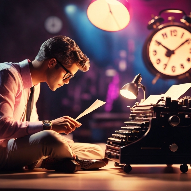 DreamShaper_v7_an_author_sitting_on_a_typewriter_and_a_huge_Cl_0